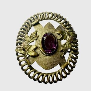 Victorian Brass & Amethyst Glass Brooch – Antique Coiled Wire Leaf Design
